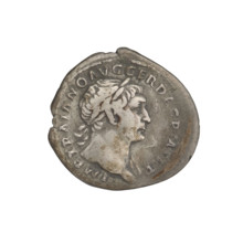 Denarius of Trajan (53–117; Roman emperor 98–117). Obverse: head of Trajan right, decorated with a
