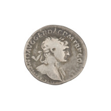 Denarius, Trajan (53–117; Roman emperor 98–117). Obverse: head of Trajan in laurel wreath facing
