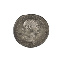 Denarius of Trajan (53–117; Roman emperor 98–117). Obverse: head of Trajan in laurel wreath facing