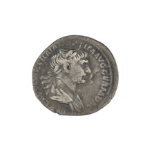 Denarius, Trajan (53–117; Roman emperor 98–117). Obverse: head of Trajan in laurel wreath facing
