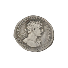Denarius of Trajan (53–117; Roman emperor 98–117). Obverse: head of Trajan in laurel wreath facing