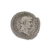 Denarius, Trajan (53–117; Roman emperor 98–117). Obverse: head of Trajan with laurel wreath facing