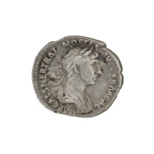 Denarius, Trajan (53–117; Roman emperor 98–117). Obverse: head of Trajan in laurel wreath facing