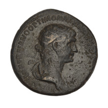 dupondius, Trajan (53–117; Roman emperor 98–117); obverse: head of Trajan in radiant crown; rim