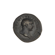 Quarter (coin) of Trajan (53–117; Roman emperor 98–117). Obverse: head of Trajan right in a laurel