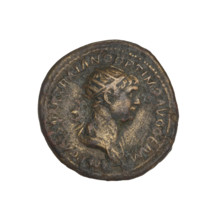 Trajan (53–117; Roman Emperor 98–117). Silver coin (denomination implied), 114–117. Obverse: head