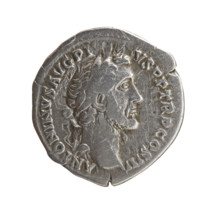 Denarius of Antoninus Pius (r. 138–161), ca. 140–144. Obverse: Head of Antoninus Pius in a laurel