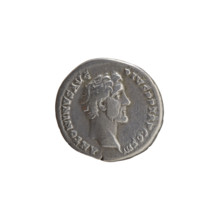 Denarius of Antoninus Pius (86–161; Roman emperor 138–161). Obverse: Head of Antoninus Pius