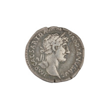 Denarius of Hadrian (76–138 CE; Roman emperor 117–138). Obverse: bust of Hadrian with laurel wreath