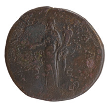 Sestertius of Antoninus Pius (86–161; Roman emperor 138–161). Obverse: head of the emperor in a