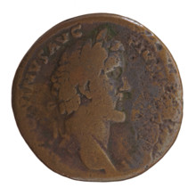 Sestertius of Antoninus Pius (86–161; Roman emperor 138–161). Obverse: head of the emperor in a