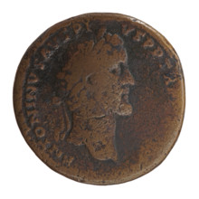 Sestertius of Antoninus Pius (86–161; Roman emperor 138–161). Obverse: head of Antoninus Pius in a