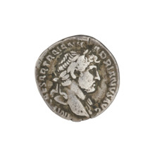 Denarius of Hadrian (117–138 CE). Obverse: Bust of Hadrian with laurel wreath facing right; rim