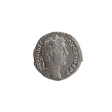 Denarius of Antoninus Pius (86–161; Roman emperor 138–161). Obverse: Head of Antoninus Pius in a