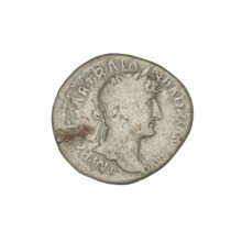 Denarius of Hadrian (76–138; Roman emperor 117–138). Obverse: Bust of Hadrian with laurel wreath