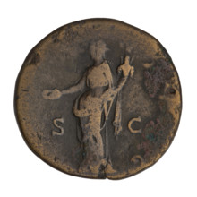Sestertius of Hadrian (76–138; Roman emperor 117–138). Obverse: Bust of Hadrian with laurel wreath