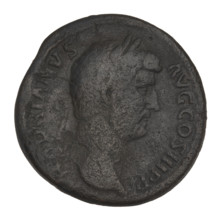 Sestertius of Hadrian (76–138; Roman emperor 117–138). Obverse: Bust of Hadrian with laurel wreath