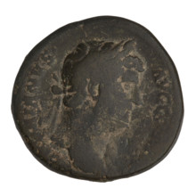 Sestertius of Hadrian (76–138; Roman emperor 117–138). Obverse: Bust of Hadrian with laurel wreath