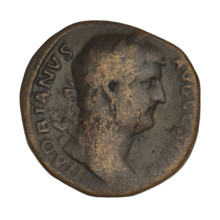 Sestertius of Hadrian (76–138; Roman emperor 117–138). Obverse: Bust of Hadrian with laurel wreath