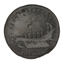 Sestertius of Hadrian (76–138 CE; Roman emperor 117–138). Obverse: Bust of Hadrian wearing a laurel