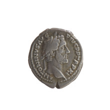 Denarius of Antoninus Pius (86–161; Roman emperor 138–161). Obverse: Head of the emperor in a