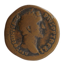 Sestertius of Antoninus Pius (86–161; Roman emperor 138–161). Obverse: head of the emperor in a