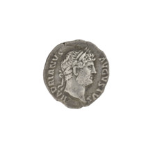 Denarius of Hadrian (76–138; Roman emperor 117–138). Obverse: head of Hadrian in laurel wreath
