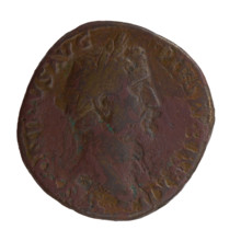 Sestertius of Antoninus Pius (86–161; Roman emperor 138–161). Obverse: Head of Antoninus Pius with