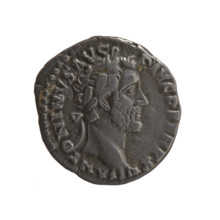 Denarius of Antoninus Pius (86–161; Roman emperor 138–161). Obverse: Head of Antoninus Pius in a