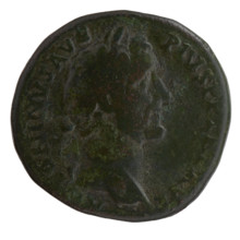 Sestertius, Antoninus Pius (86–161; Roman emperor 138–161). Obverse: Head of Antoninus Pius in a