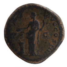 Sestertius of Antoninus Pius (86–161; Roman emperor 138–161), circa 152–153. Obverse: head of the