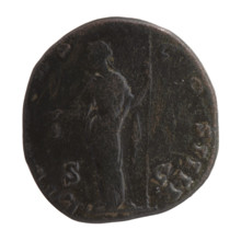 Sestertius of Antoninus Pius (86–161; Roman emperor 138–161). Obverse: head of the emperor in a