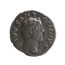 Denarius, after 161 CE. Obverse: Head of Antoninus Pius without a covering, with drapery on the
