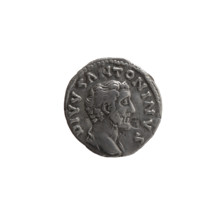 Denarius, after 161 CE. Obverse: Head of Antoninus Pius without a covering, with drapery on the