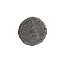 Denarius, after 161 CE. Obverse: Head of Antoninus Pius bare, with drapery on the left shoulder,
