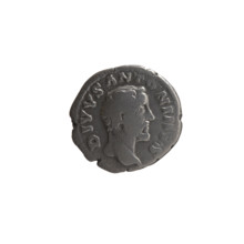 Denarius, after 161 CE. Obverse: Head of Antoninus Pius without a covering facing right,