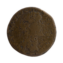 Sestertius of Antoninus Pius (86–161; Roman emperor 138–161). Obverse: head of Antoninus Pius in a