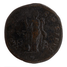 Sestertius of Antoninus Pius (86–161; Roman emperor 138–161). Obverse: Head of Antoninus Pius in a
