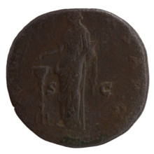 sestertius, posthumous issue for Faustina the Elder (98–141; Roman empress 138–141). Obverse: Bust