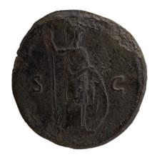 Sestertius; obv: Head of young Marcus Aurelius, bare, facing right; inscription LIVS CAE - SAR AVG