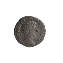 Denarius of Marcus Aurelius (121–180; Roman emperor 161–180). Obverse: Head of Marcus Aurelius