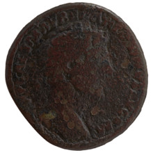 Sestertius, Marcus Aurelius (121–180; Roman emperor 161–180) issuer; obverse: head of Marcus