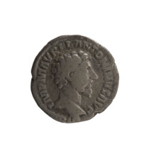 Denarius of Marcus Aurelius (121–180; Roman emperor 161–180). Obverse: Head of Marcus Aurelius