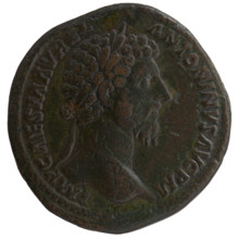 Sestertius of Marcus Aurelius (121–180; Roman emperor 161–180). Obverse: head of Marcus Aurelius