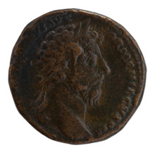 Sestertius of Marcus Aurelius (121–180; Roman emperor 161–180). Obverse: head of Marcus Aurelius