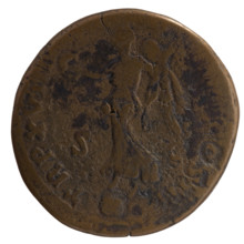 Sestertius of Marcus Aurelius (121–180; Roman emperor 161–180). Obverse: head of Marcus Aurelius in