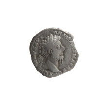 Denarius of Marcus Aurelius (121–180; Roman emperor 161–180). Obverse: Head of Marcus Aurelius in a