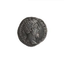 Denarius of Marcus Aurelius (121–180; Roman emperor 161–180). Obverse: Head of Marcus Aurelius with