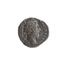 Denarius of Marcus Aurelius (121–180; Roman Emperor 161–180). Obverse: Head of Marcus Aurelius with