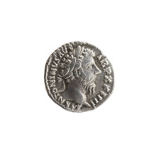 Denarius, Marcus Aurelius (121–180; Roman emperor 161–180), 169–170. Obverse: Head of Marcus